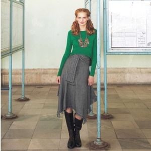 Anthropologie Sparrow Wool Knit Fringe Merino Gray Tie Waist Skirt